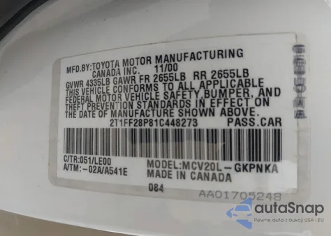 2001 Toyota Camry Solara Sle V6 z USA, uszkodzony, nr VIN 2T1FF28P81C448273